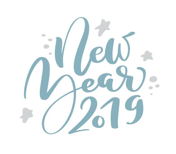 New Year 2019 blue Christmas vintage calligraphy lettering vector text with winter scandinavian drawing elements. For art design, mockup brochure style, banner idea cover