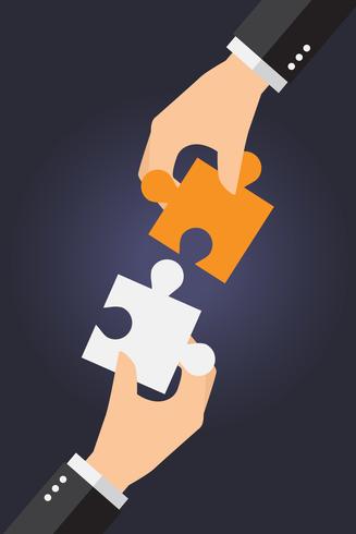 Business people solving oversized jigsaw puzzle together vector