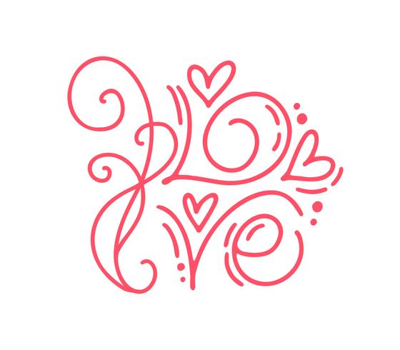 Vector monoline caligrafía palabra amor. Día de San Valentín letras dibujadas a mano. Bosquejo de vacaciones doodle tarjeta de diseño con marco de corazón. Ilustración aislada de decoración para web, boda e impresión.