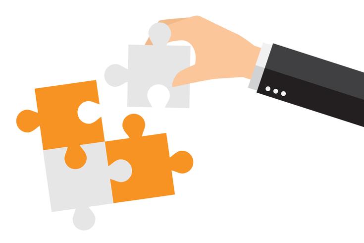 Business people solving oversized jigsaw puzzle together vector