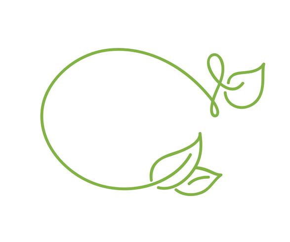 Green monoline calligraphy logo of green leaf ecology vector element. Divider or corner design for wedding and Valentines Day, birthday greeting card and web, eco vegan icon