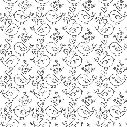 Hand drawn cute Valentines Day heart flourish and bird pattern background. Seamless Vector illustration for love and wedding, greeting card and invitation