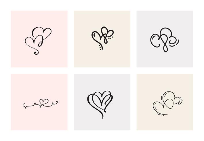 Set of six vintage Vector Valentines Day Hand Drawn Calligraphic Heart. Calligraphy lettering illustration. Holiday Design valentine. Icon love decor for web, wedding and print. Isolated