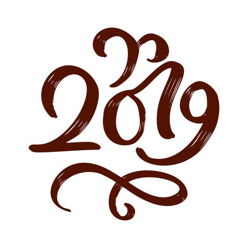 Texto 2019 de caligrafía de vector de broche de oro a mano dibujado año nuevo y Navidad número de letras 2019. Ilustración de tarjeta de felicitación, invitación, etiqueta de vacaciones