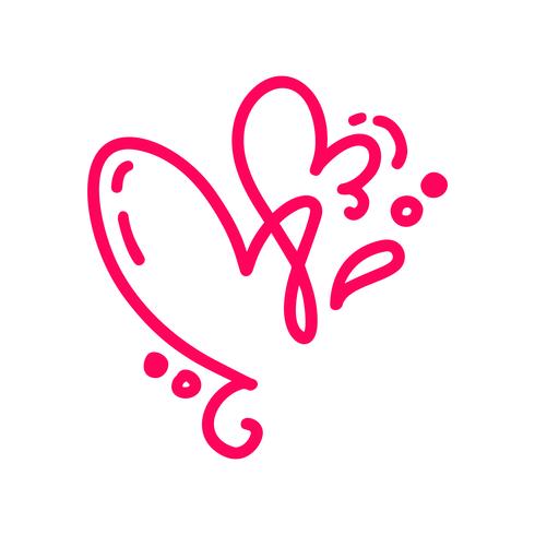 Couple monoline Red Vector Valentines Day Hand Drawn Calligraphic two Hearts. Calligraphy lettering illustration. Holiday Design element valentine. Icon love decor for web, wedding and print. Isolated