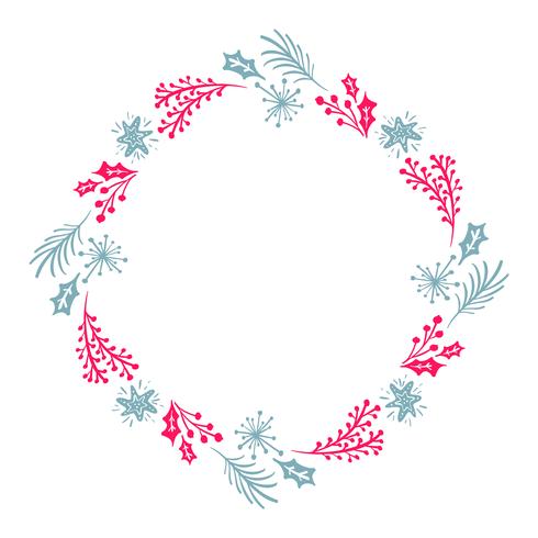 Christmas Hand Drawn wreath red and blue Floral Winter Design Elements isolated on white background for retro design flourish. Vector calligraphy and lettering illustration