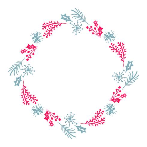 Christmas Hand Drawn wreath red and blue Floral Winter Design Elements isolated on white background for retro design flourish. Vector calligraphy and lettering illustration