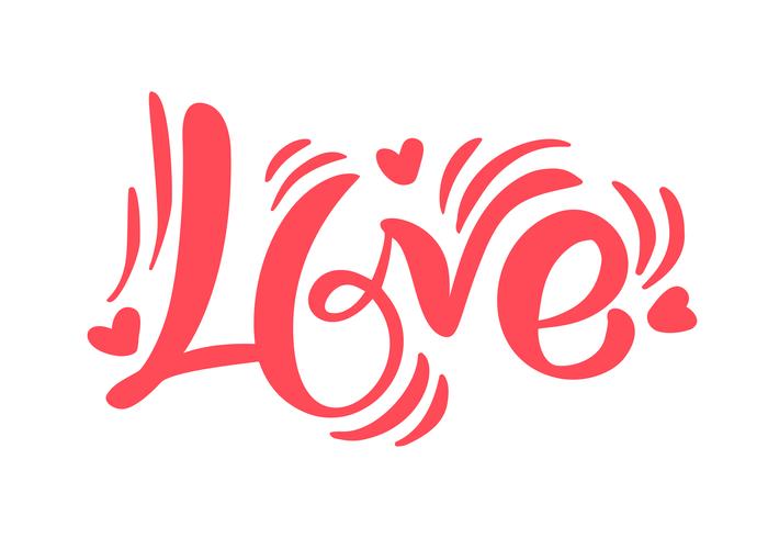 Red Calligraphy word Love. Vector Valentines Day Hand Drawn lettering. Heart Holiday Design valentine card. love decor for web, wedding and print. Isolated illustration