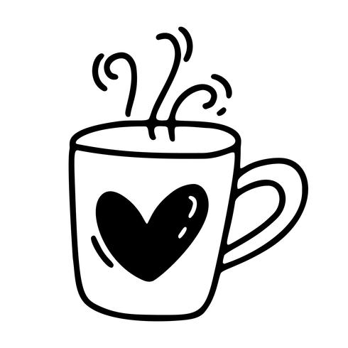 Vector monoline cute cup of coffee with heart. Valentines Day Hand