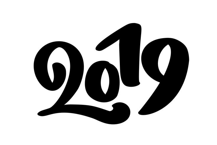 Manuscrito vector de texto de caligrafía 2019. dibujado a mano año nuevo y Navidad número de letras 2019. Ilustración de tarjeta de felicitación, invitación, etiqueta de vacaciones