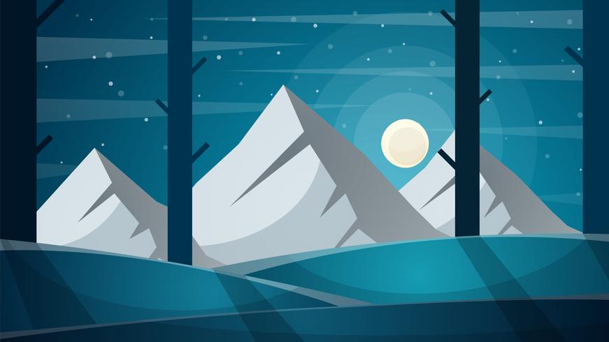 Travel night cartoon landscape. Tree, mountain, comet, star, moo vector