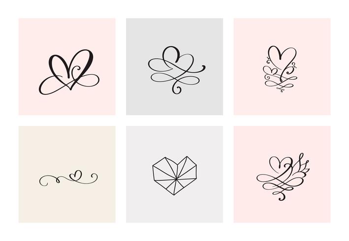 Set of six vintage Vector Valentines Day Hand Drawn Calligraphic Heart. Calligraphy lettering illustration. Holiday Design valentine. Icon love decor for web, wedding and print. Isolated