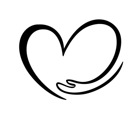Icono de bondad y caridad, mano y corazón. mano abrazo corazón símbolo día de San Valentín o el amor. Dibujado a mano ilustración gráfica niño y niña enamorados, amor por la naturaleza, ecología vector
