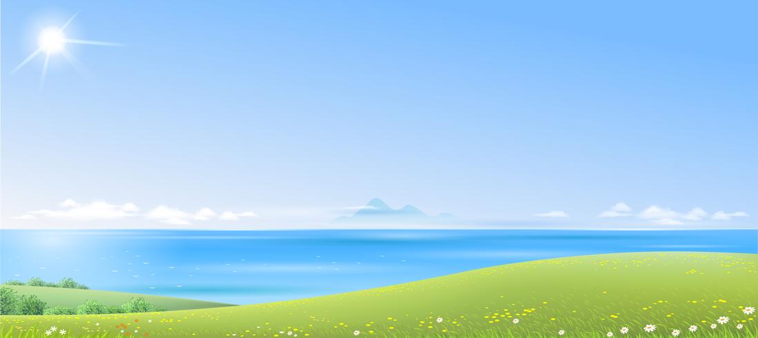 Paisaje de mar con verdes colinas. vector