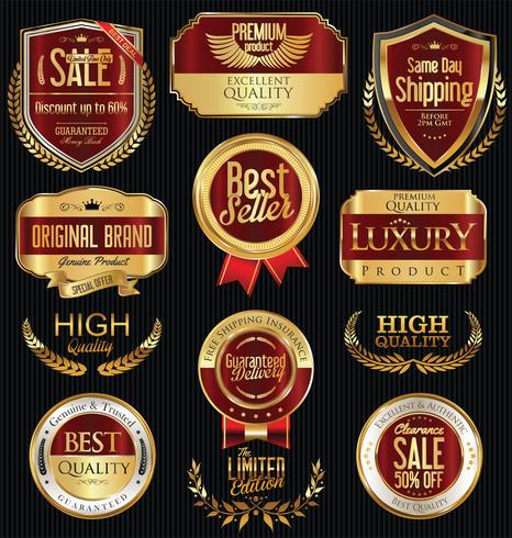 Insignias y etiquetas de oro premium de lujo vector