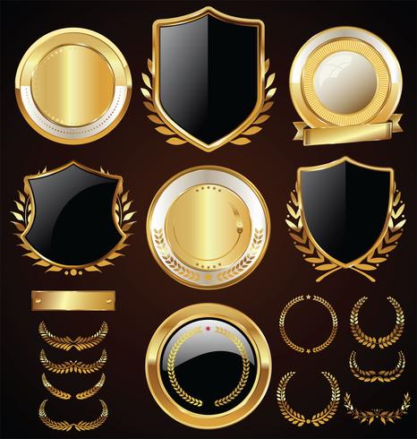 Insignias y etiquetas de oro premium de lujo vector