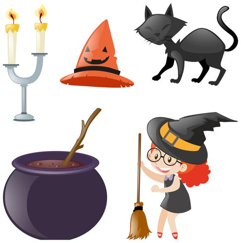 Halloween set with witch and black cat vector
