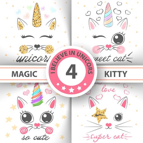Cat, kitty, unicorn, caticorn, - baby illustration. idea for print t-shirt. vector