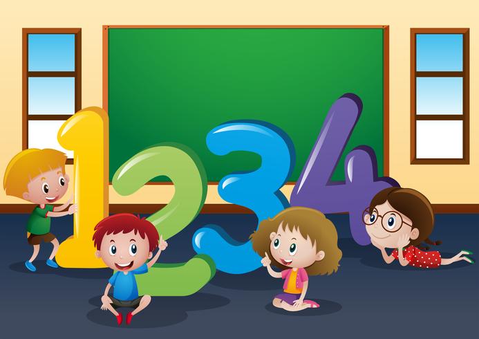 Counting numbers with kids in classroom vector