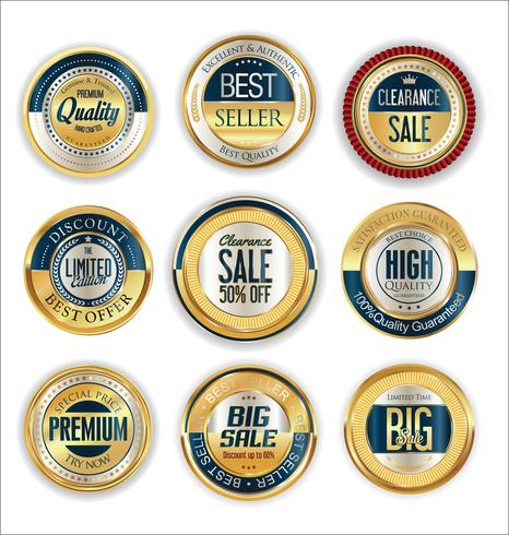 Insignias y etiquetas de oro premium de lujo vector