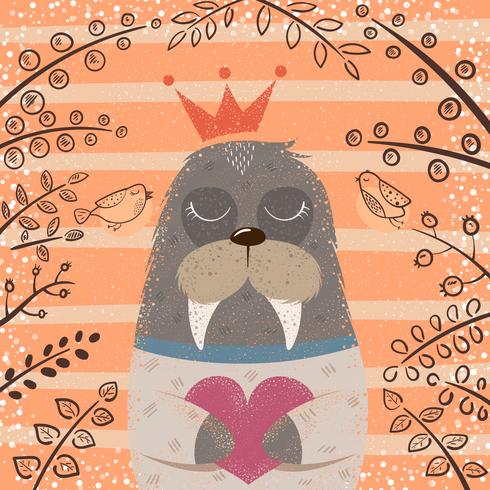 Cute sleep walrus with heart. vector