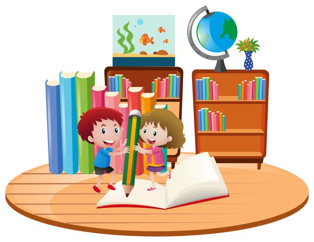 Tema educativo con niños escribiendo en el libro vector