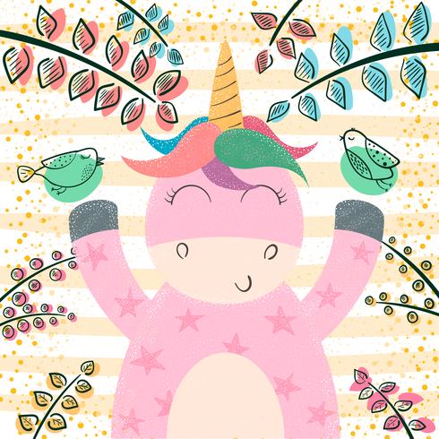 Cute unicorn in the magic forest. vector