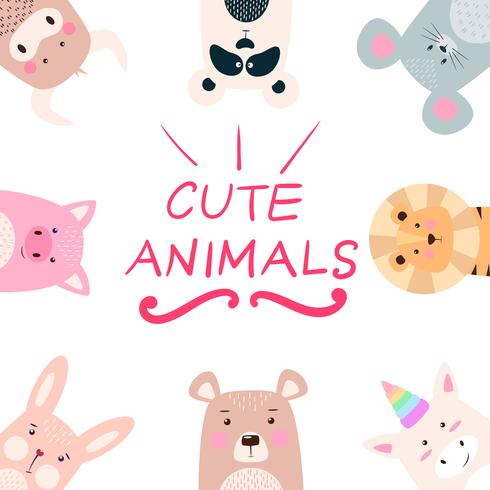 Set animals - panda, rhino, lion, bear, rabbit, unicorn, pig, mouse, cow. vector