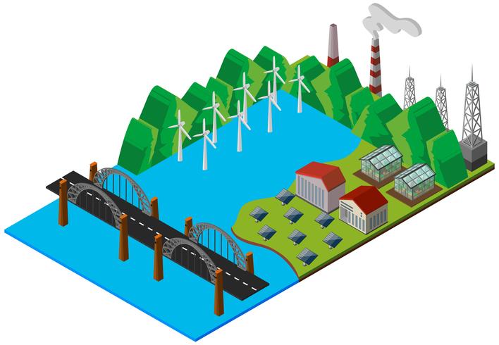 Puente y central eléctrica en diseño 3D. vector