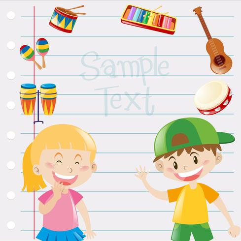 Diseño de papel con niños e instrumentos musicales. vector