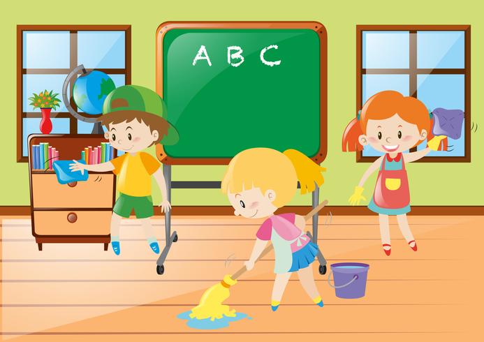 Children help cleaning classroom vector