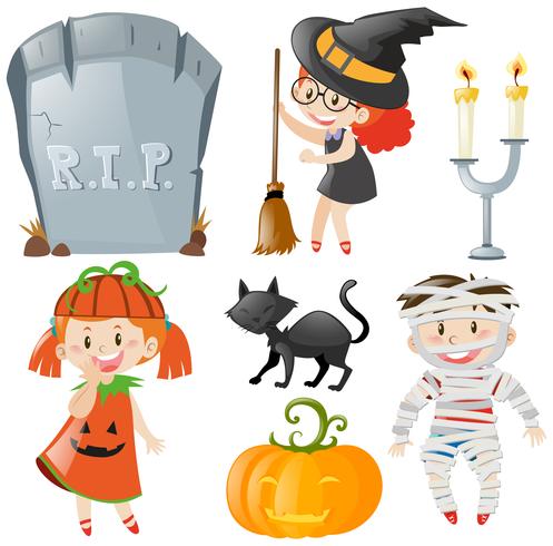 Tema de Halloween con niños en disfraces. vector