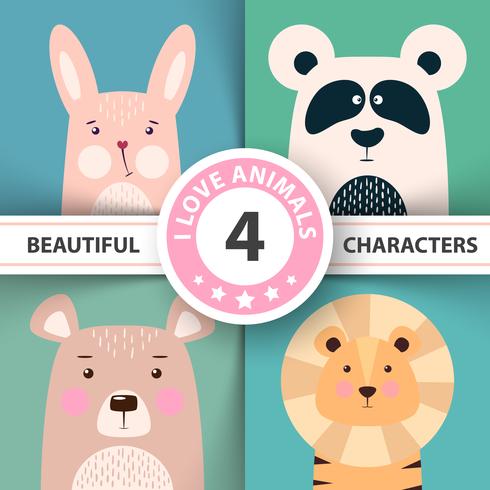 Cartoon animal set rabbit, panda, bear, lion. vector