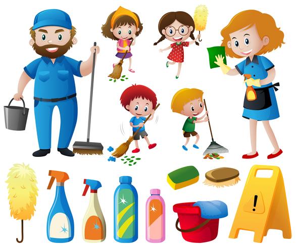 People doing chores and cleaning equipments vector