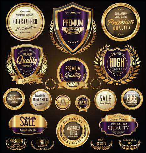 Insignias y etiquetas de oro premium de lujo vector