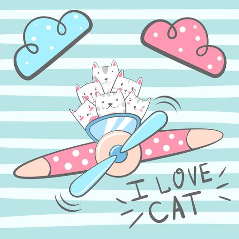 Cartoon cat, kitty characters. Airplane illustration. vector