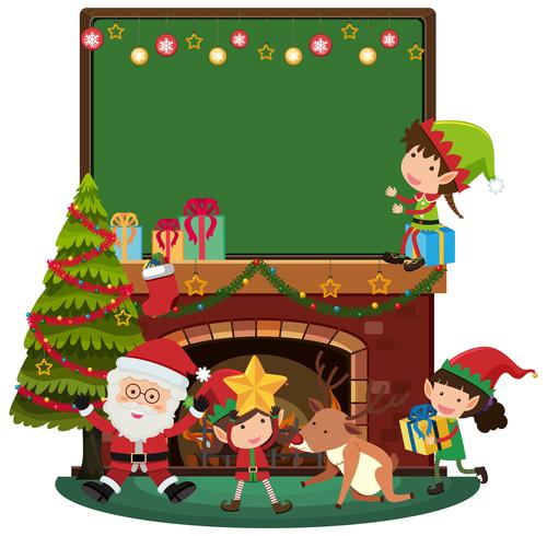 Plantilla boad con santa y tres elfos junto a la chimenea. vector