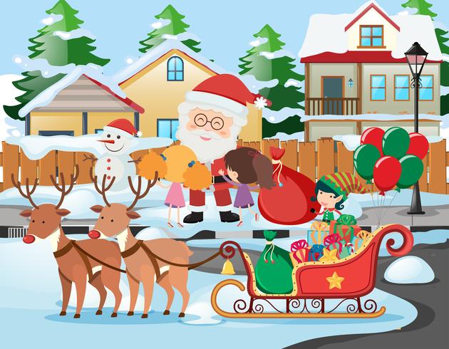 Scene witih Santa and kids in the neighborhood vector