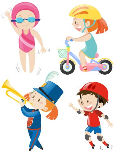 Chicos y chicas realizando diferentes actividades. vector