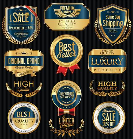 Insignias y etiquetas de oro premium de lujo vector