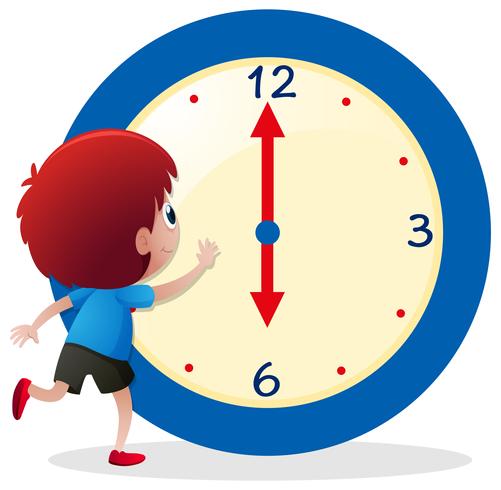 Boy telling time on blue clock vector