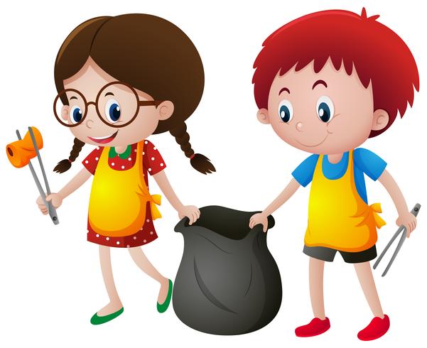 Niño y niña recogiendo basura vector