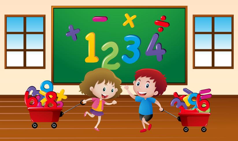 Niños aprendiendo matemáticas en el aula vector