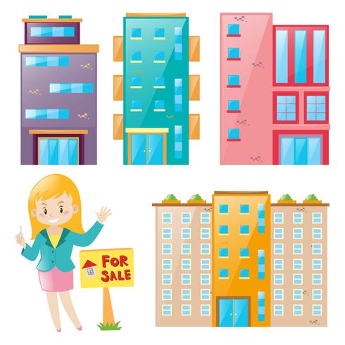 Real estate agent and many building set vector