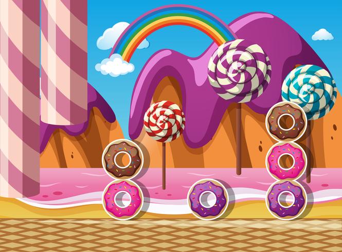 Scene with donuts and lollipops by the beach vector