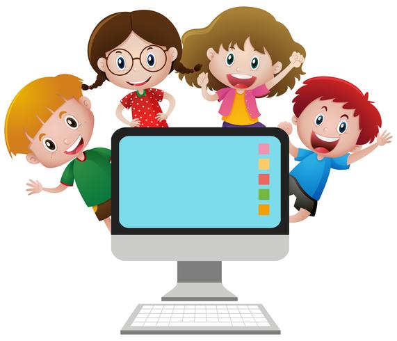 Four happy children behind computer screen vector