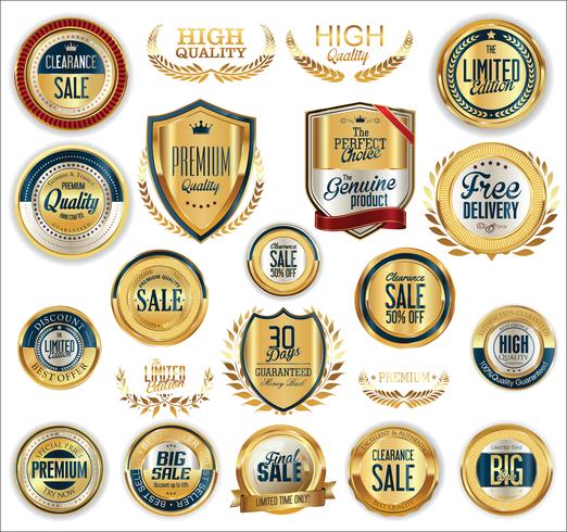 Insignias y etiquetas de oro premium de lujo vector