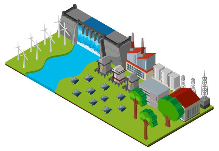 Presa y central eléctrica en diseño 3D. vector