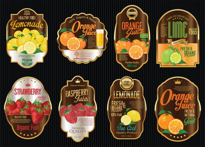 Set of organic fruit retro vintage golden labels collection vector