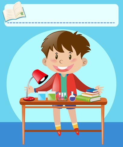 Niño y escritorio lleno de equipos y libros. vector